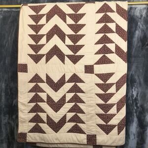 Flying Geese Brown and Cream Hand Quilted Quilt 69 x 86